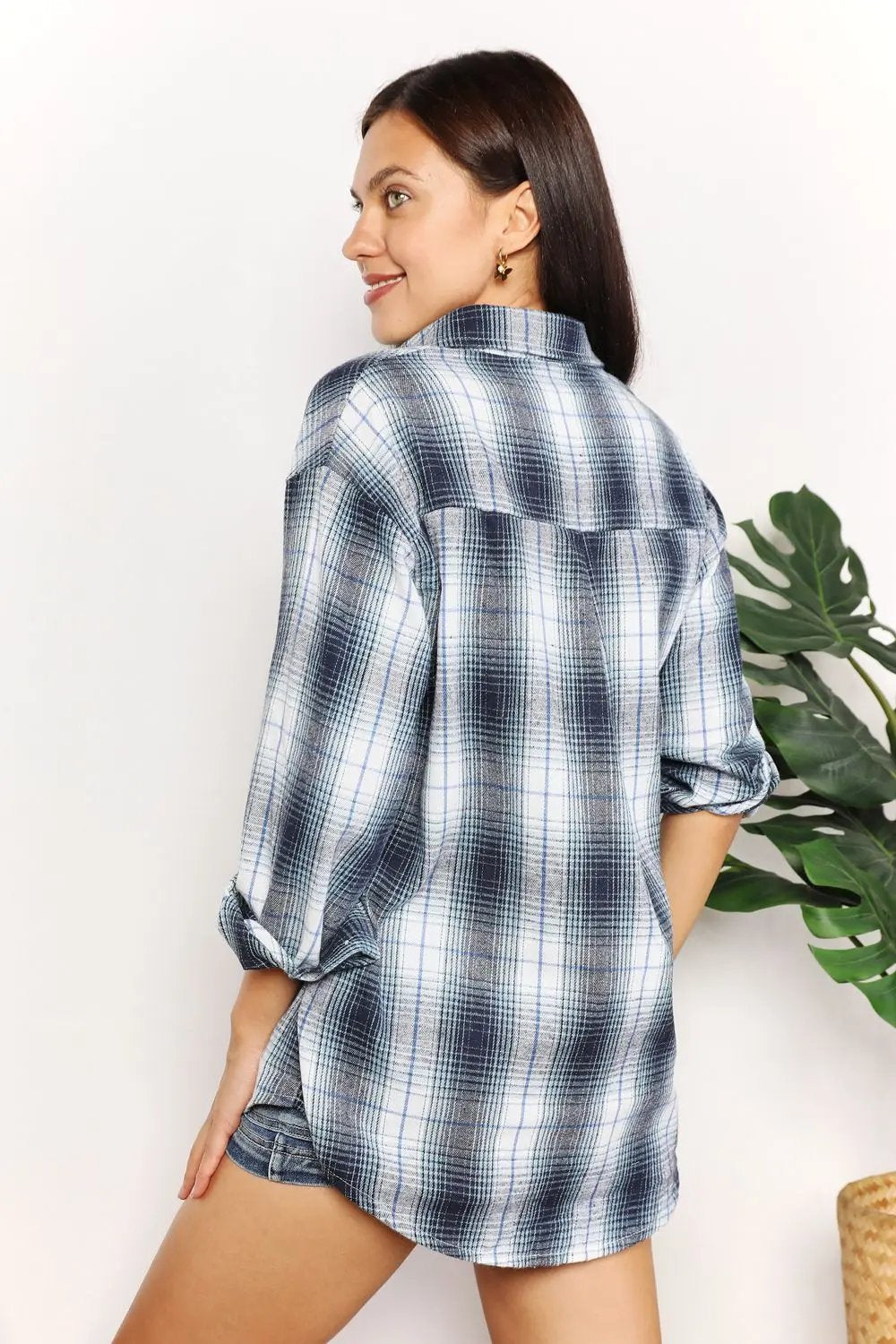 Double Take Plaid Dropped Shoulder Shirt - Love Salve